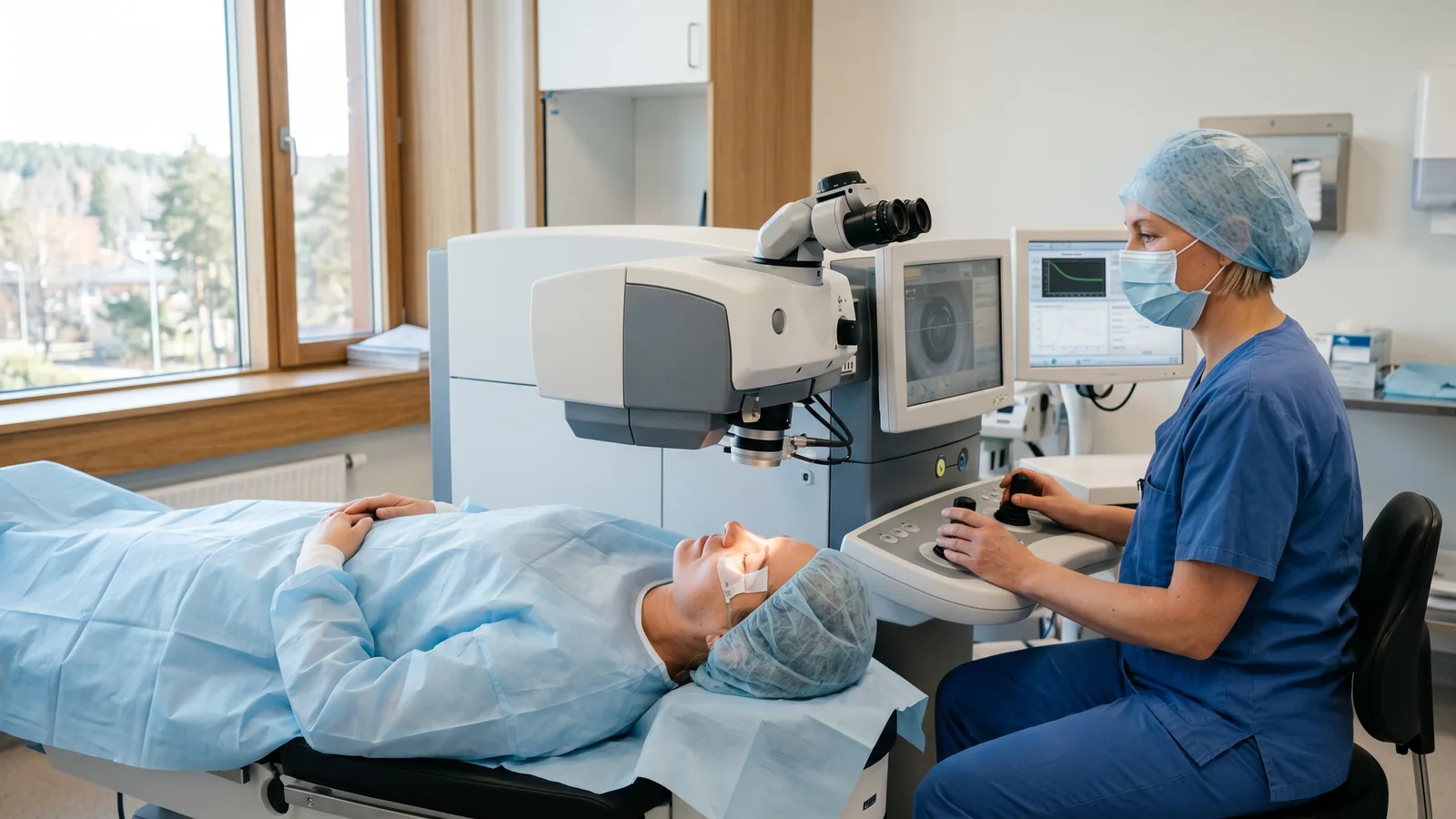 Patient under en excimerlaser vid en PRK-ögonoperation medan en ögonkirurg styr behandlingen i en ljus klinik.