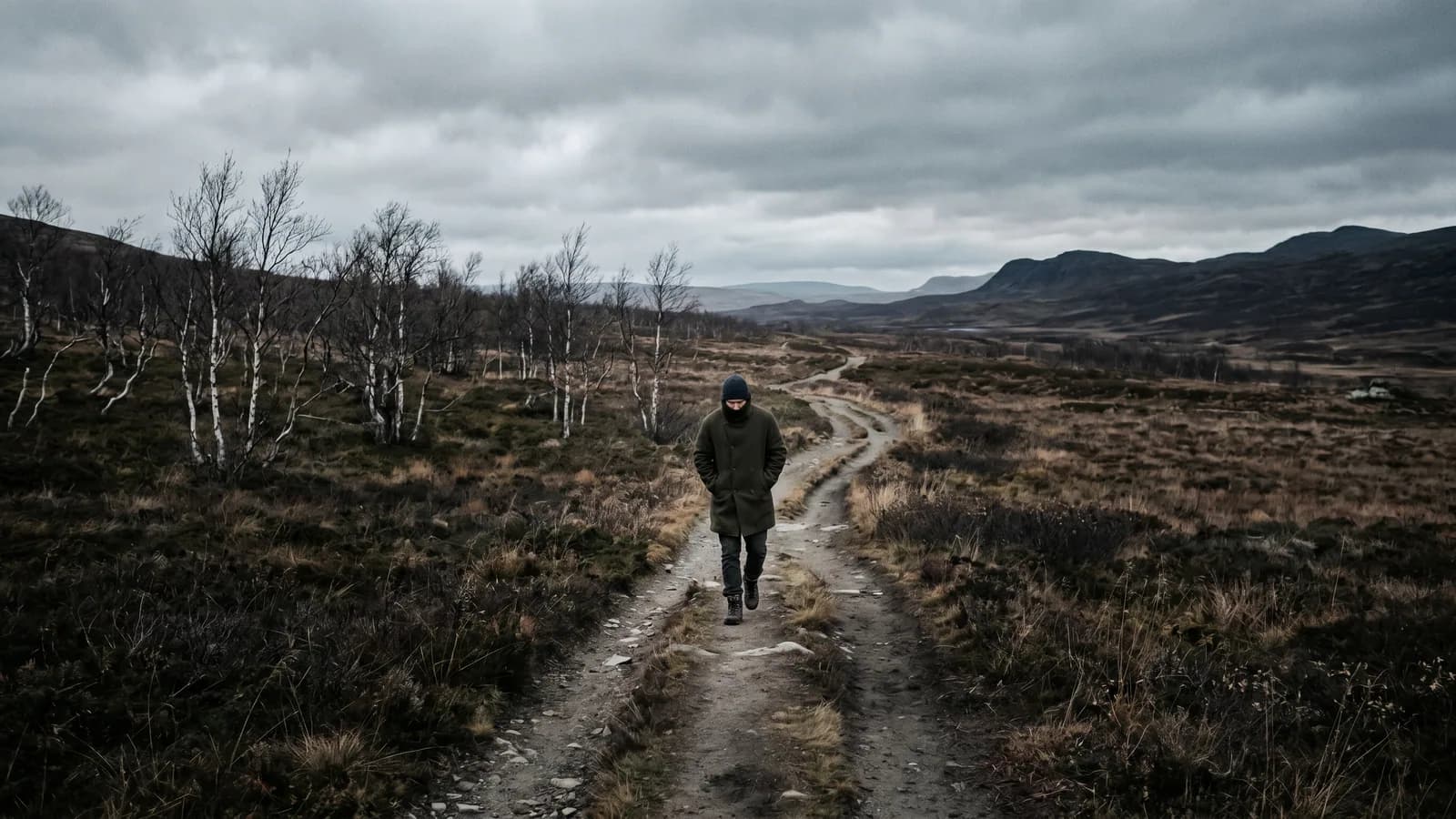 En person går ensam på en blåsig höststig i ett vidsträckt, gråmulet landskap