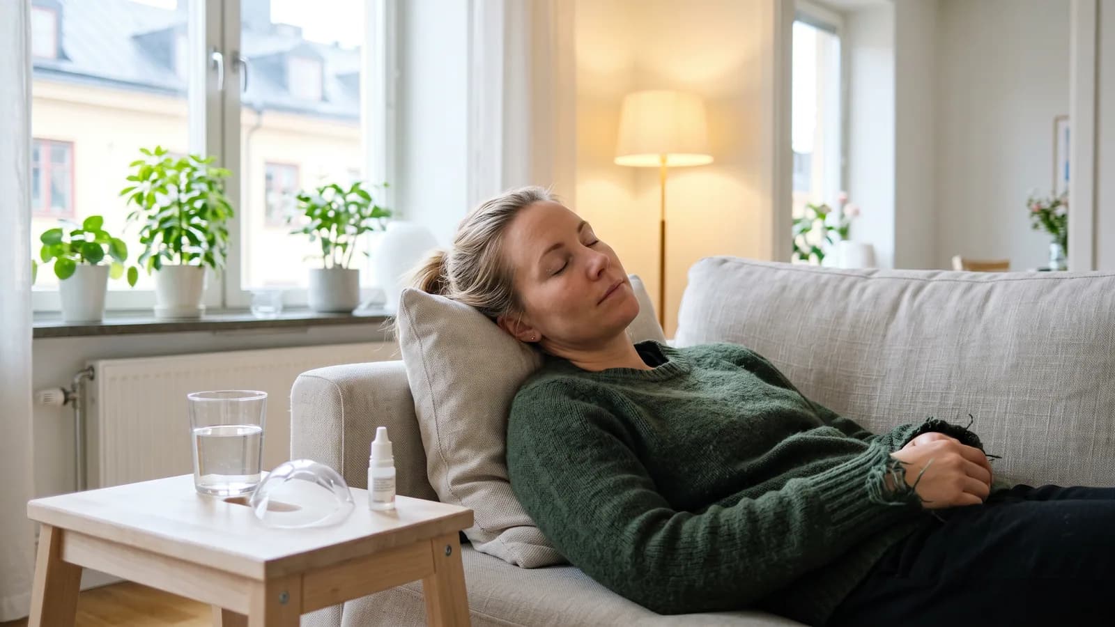 En person vilar avslappnat i soffan hemma under läkningen efter ögonlaser, med ögondroppar och ögonskydd på sidobordet