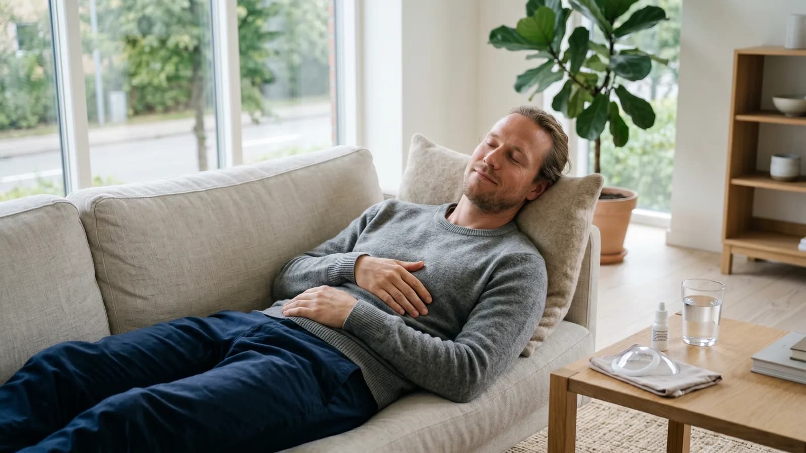 En person vilar avslappnat i soffan hemma under läkningen efter ögonlaser, med ögondroppar och ögonskydd på sidobordet
