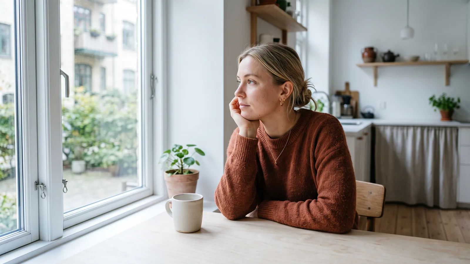 Kvinna i 30-årsåldern sitter vid ett köksbord i dagsljus och ser ut genom fönstret