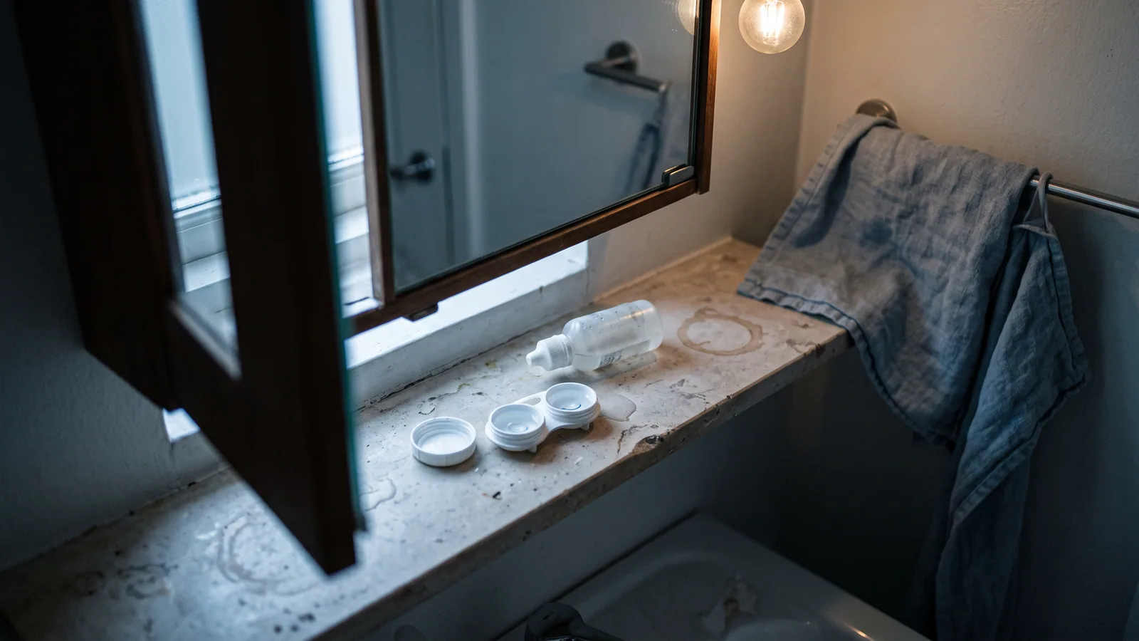 Ett spegelskåp står halvöppet över en badrumsbänk i tidigt morgonljus, med ett öppet linsetui, en koksaltflaska på sidan och en handduk snett upphängd