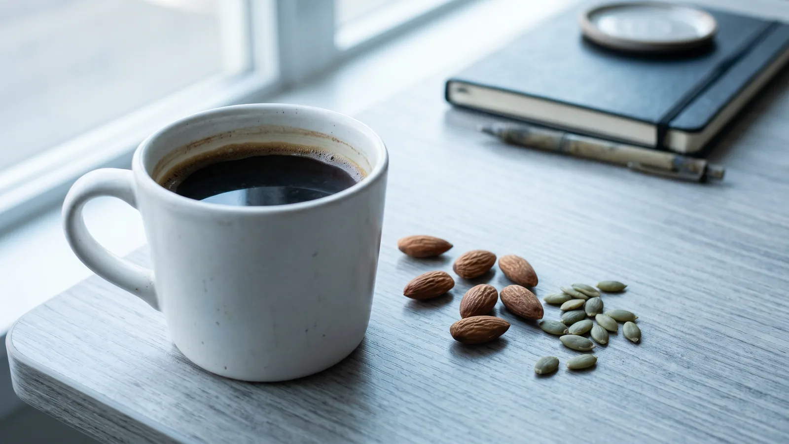 En kopp kaffe bredvid mandlar och pumpafrön på ett skrivbord, kopplat till koffein och magnesium