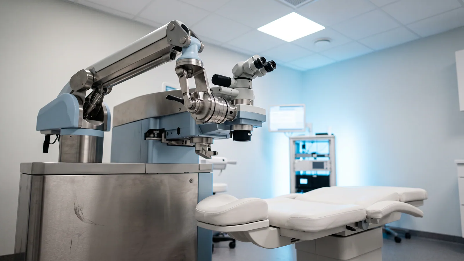 Modern laser för ögonoperation över en tom behandlingsstol i ett rent, kliniskt laserrum