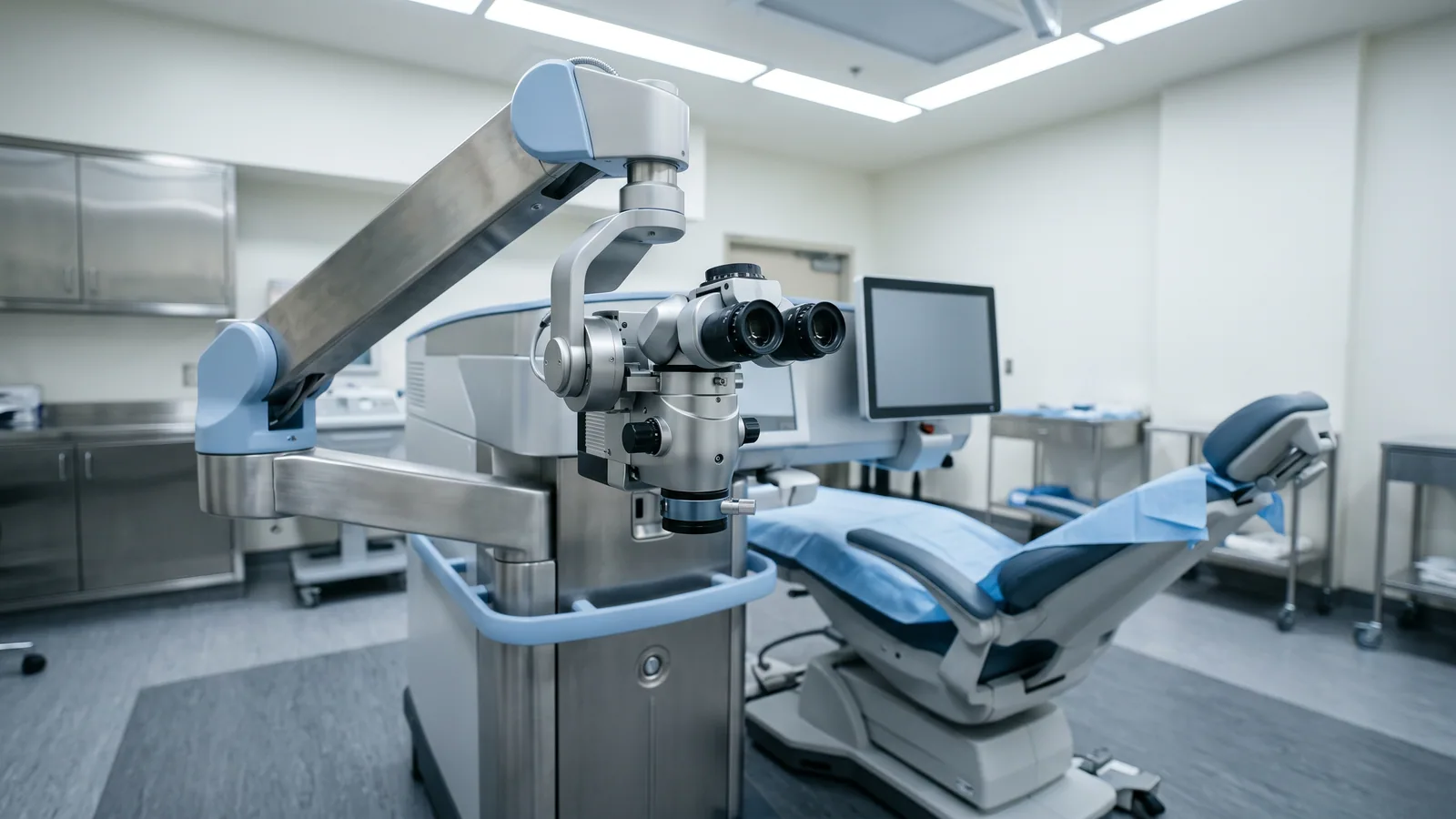 Modern laser för ögonoperation över en tom behandlingsstol i ett rent, kliniskt laserrum