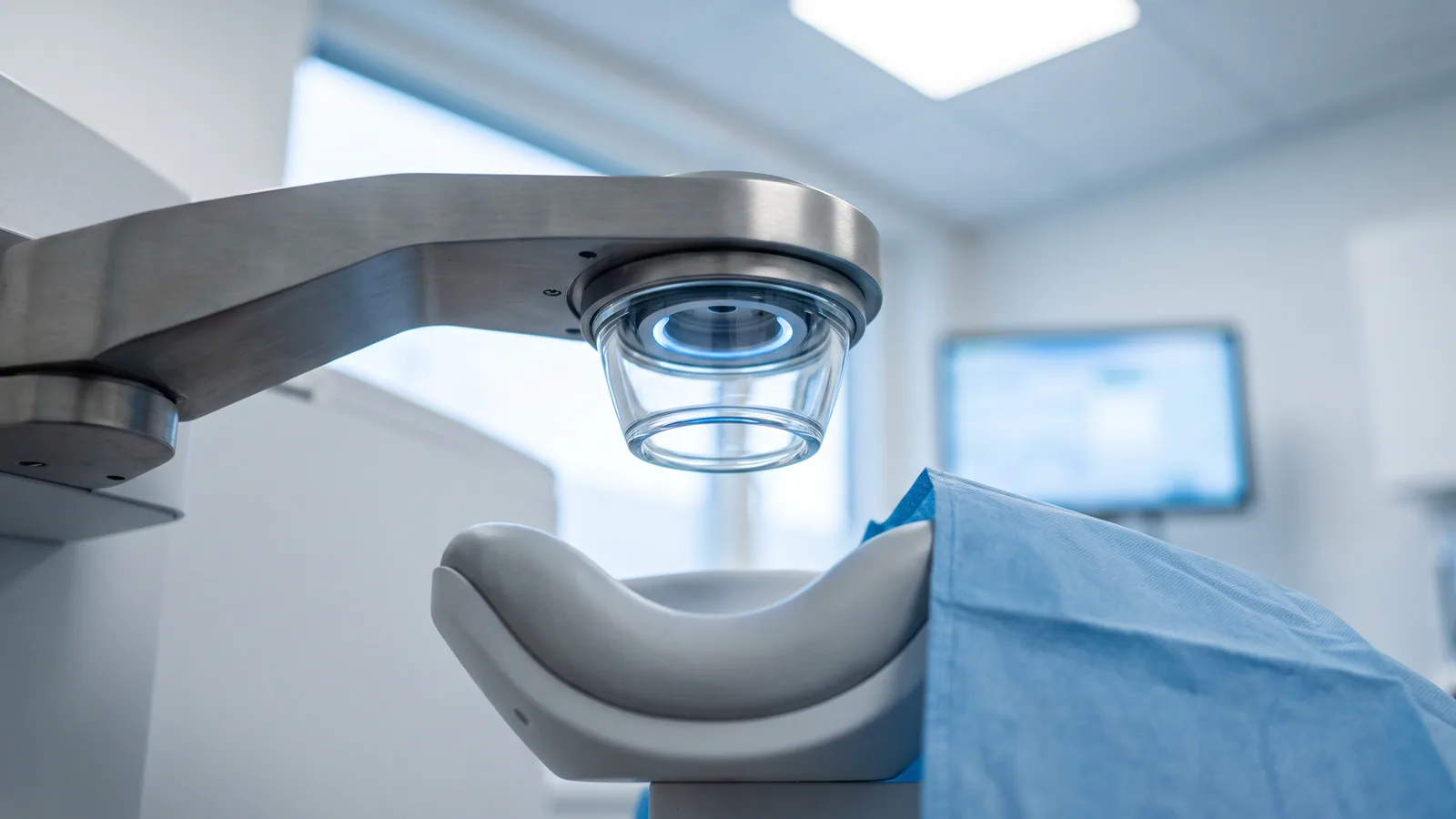 Närbild av dockningskonen på en femtosekundlaser för ögonlaser, med ett svagt blått ljus, ovanför en tom patientstol i en ljus nordisk ögonklinik.