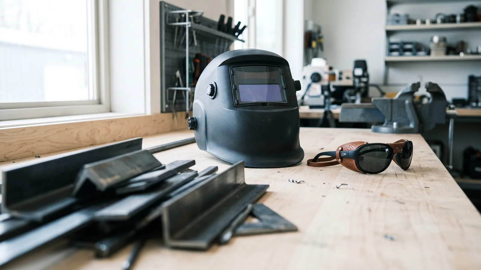 Verkstadsbänk i dagsljus med en svetshjälm med automatiskt svetsglas och ett par tätsittande glaciärglasögon