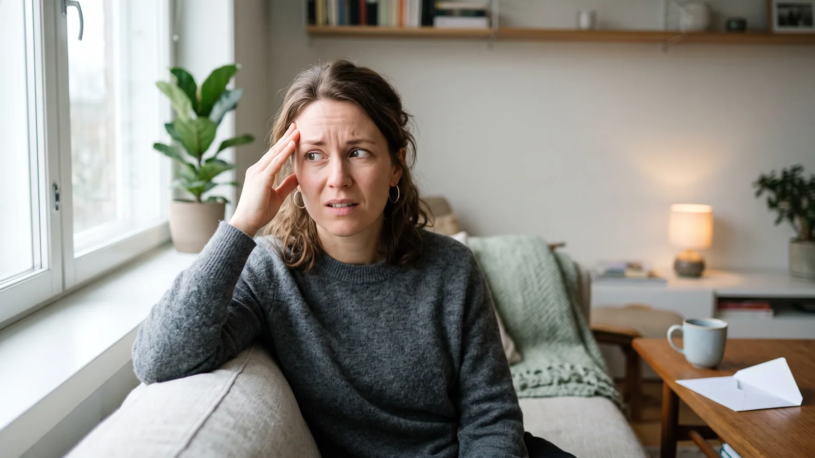 En kvinna i 30-årsåldern sitter i ett ljust nordiskt vardagsrum vid fönstret och håller fingrarna mot tinningen medan hon tittar åt sidan