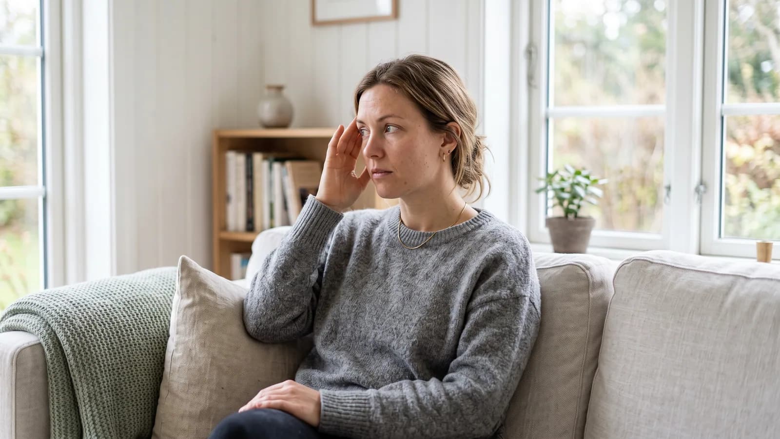 En kvinna i 30-årsåldern sitter i ett ljust nordiskt vardagsrum vid fönstret och håller fingrarna mot tinningen medan hon tittar åt sidan