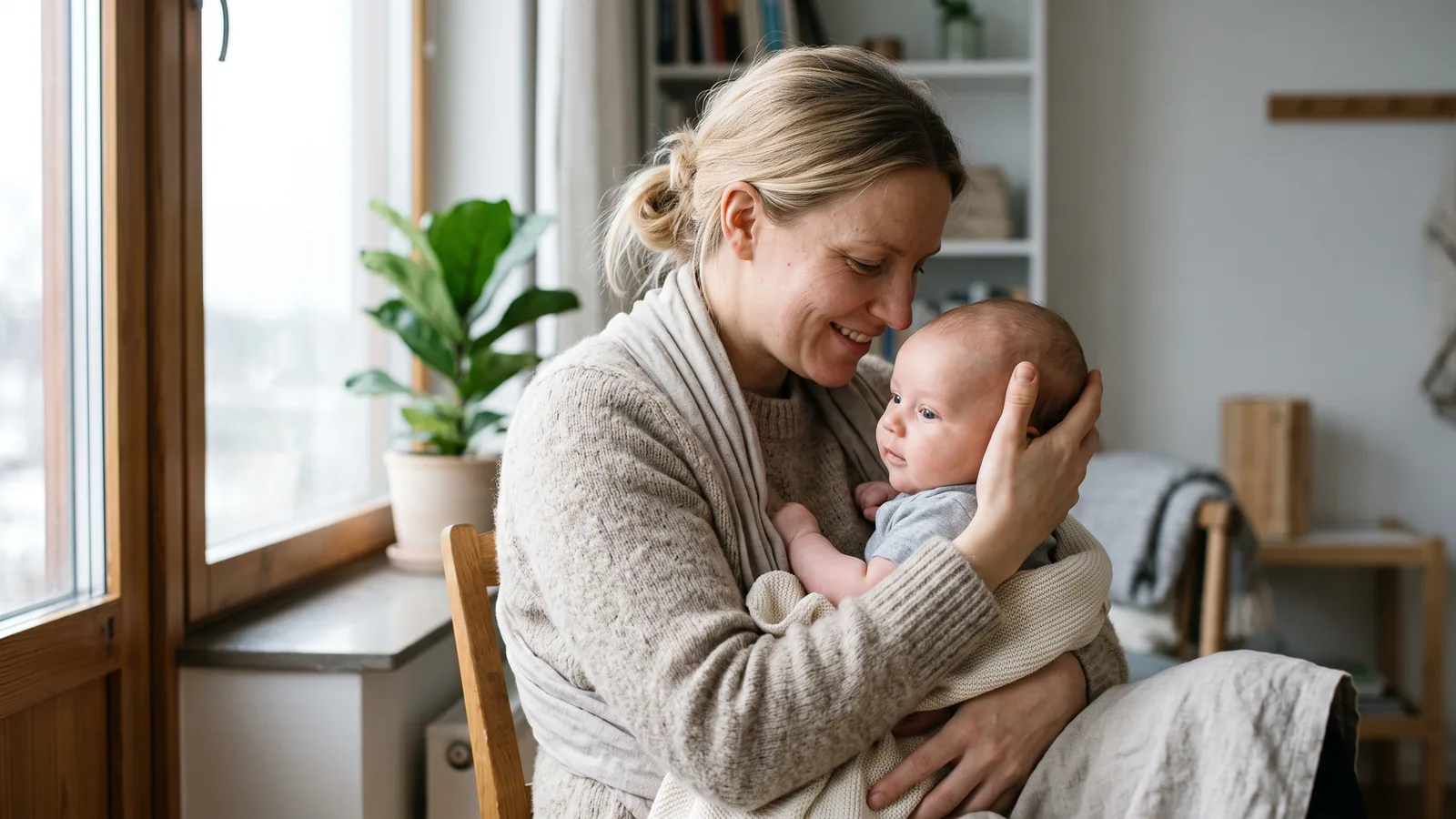 En nordisk förälder håller lugnt ett nöjt spädbarn intill sig vid ett ljust fönster i mjukt dagsljus