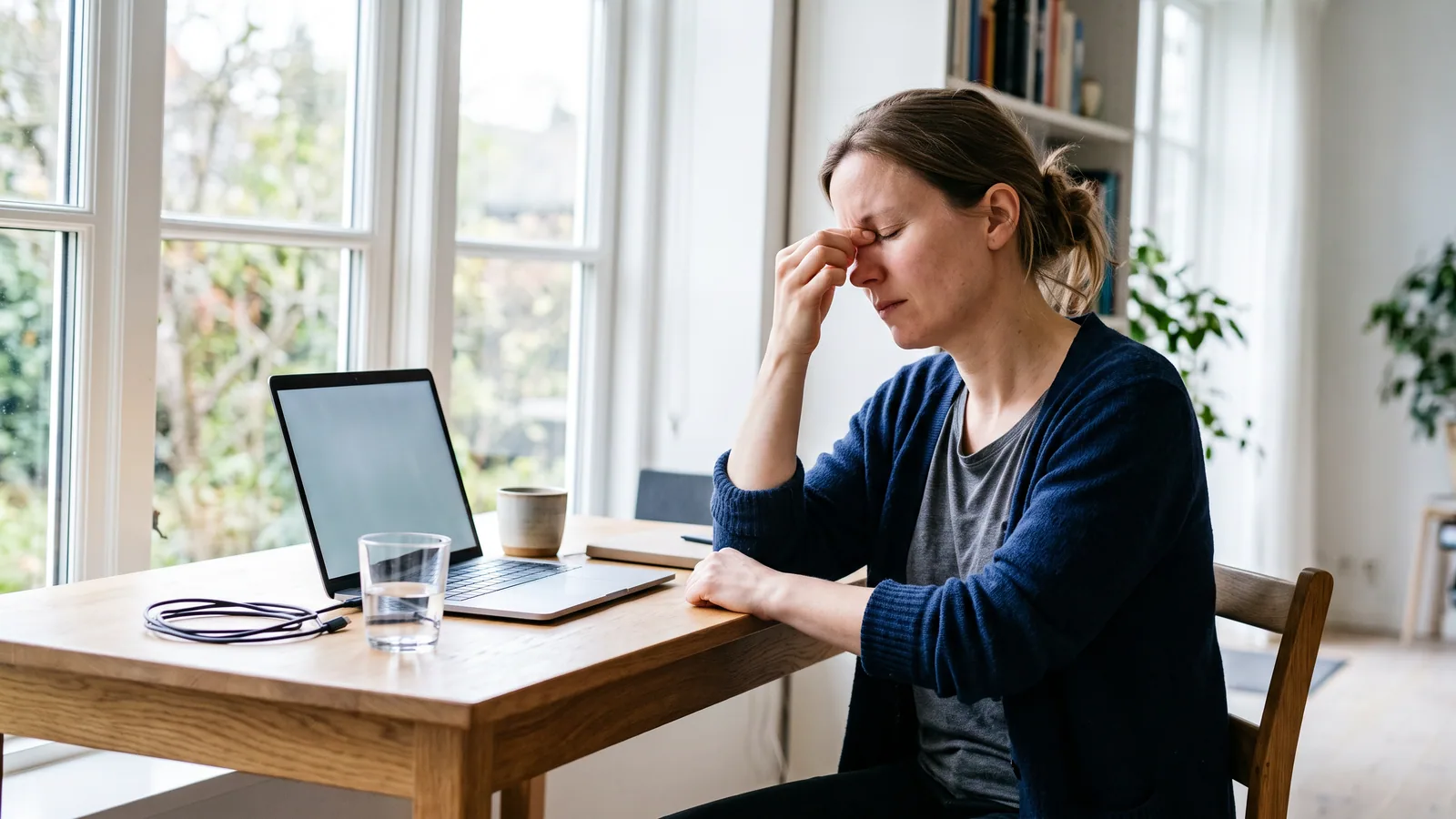 Man i 30-årsåldern vid ett hemmakontor på kvällen lutar sig bakåt från en laptop och nyper näsroten med slutna ögon efter en lång dag vid skärmen