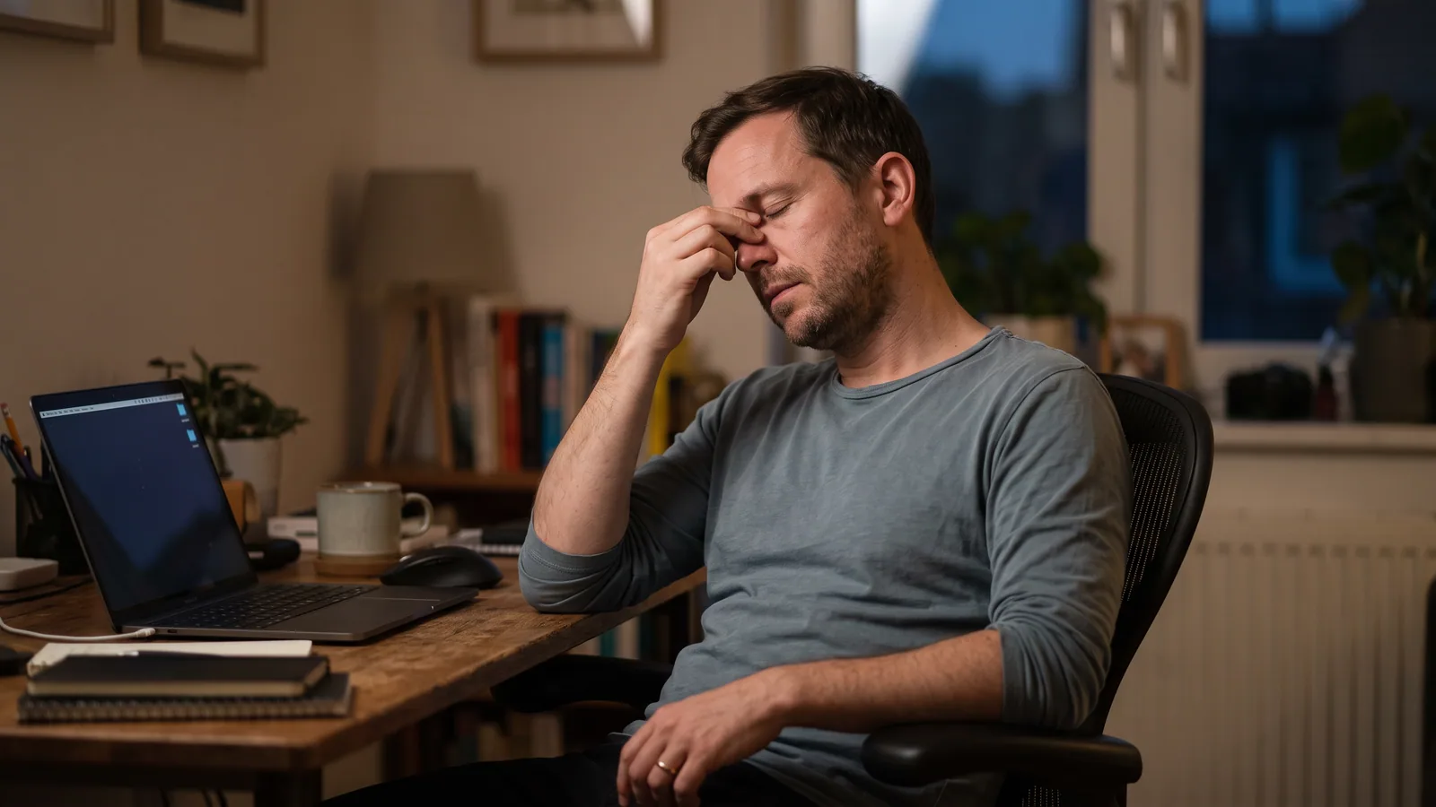 Man i 30-årsåldern vid ett hemmakontor på kvällen lutar sig bakåt från en laptop och nyper näsroten med slutna ögon efter en lång dag vid skärmen