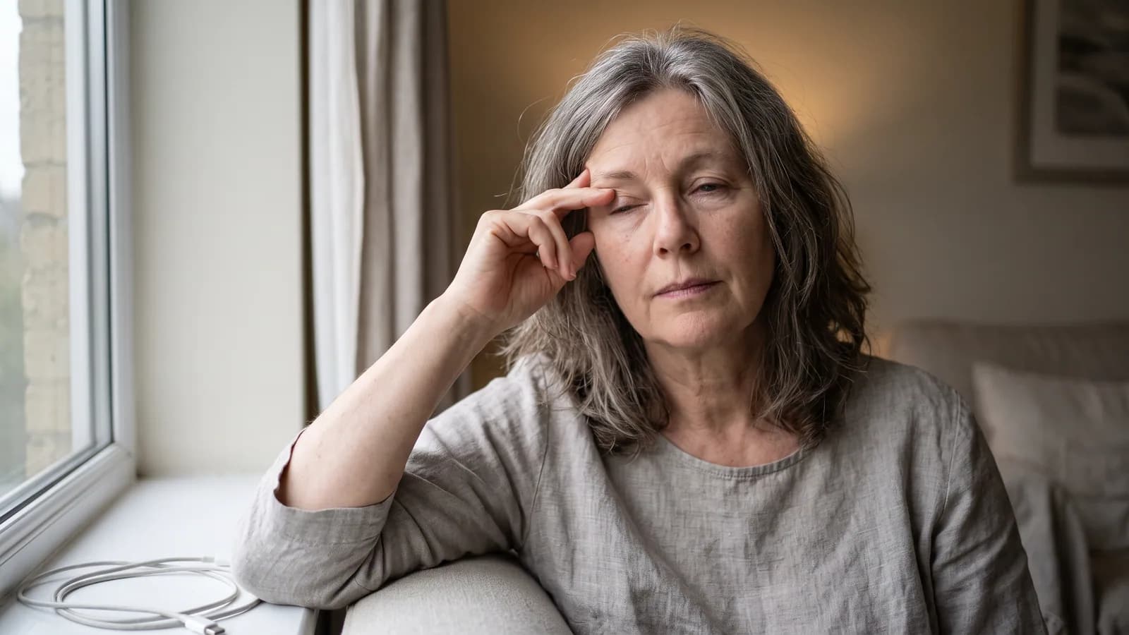 Kvinna i sextioårsåldern sitter vid ett fönster och vilar fingrarna mot tinningen, med tunga, trötta ögonlock