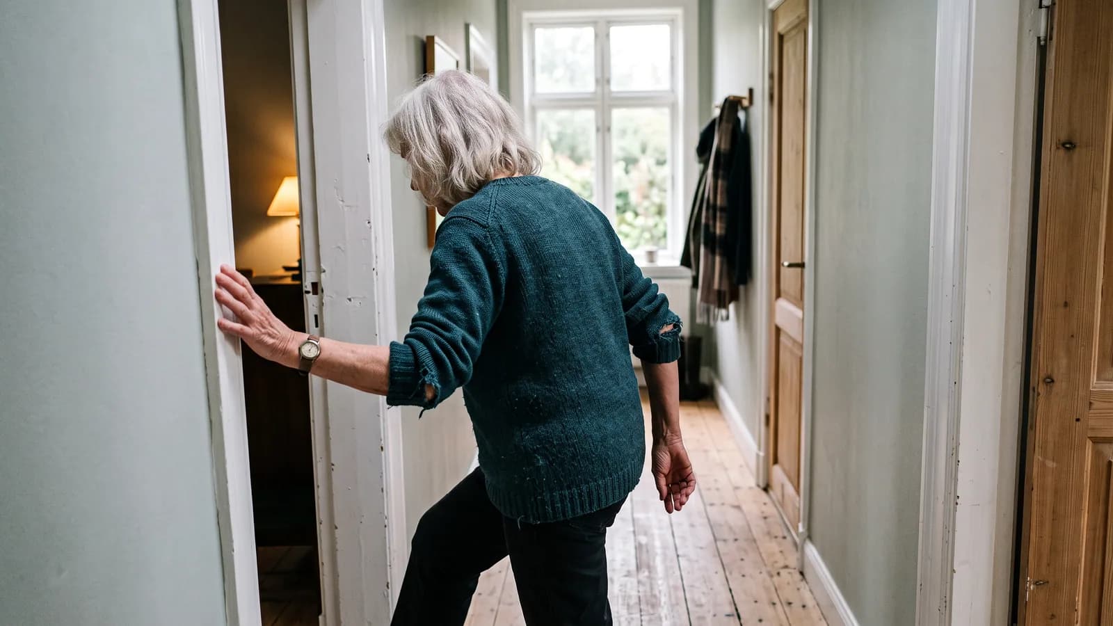 Äldre kvinna går genom en dörrkarm i en ljus korridor och stöder ena handen mot karmen