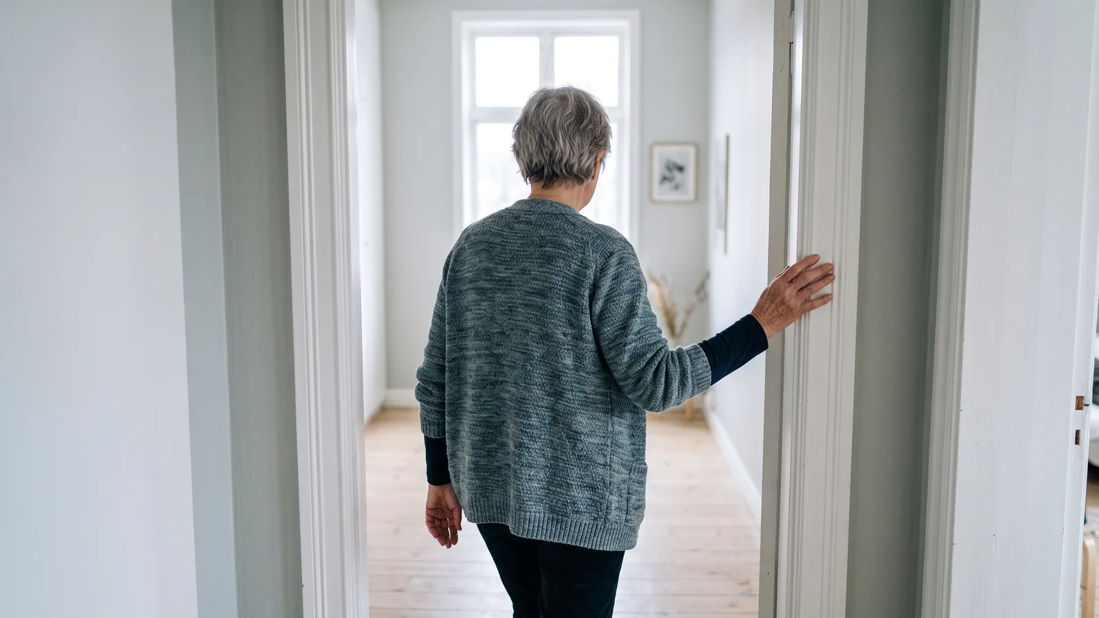Äldre kvinna går genom en dörrkarm i en ljus korridor och stöder ena handen mot karmen