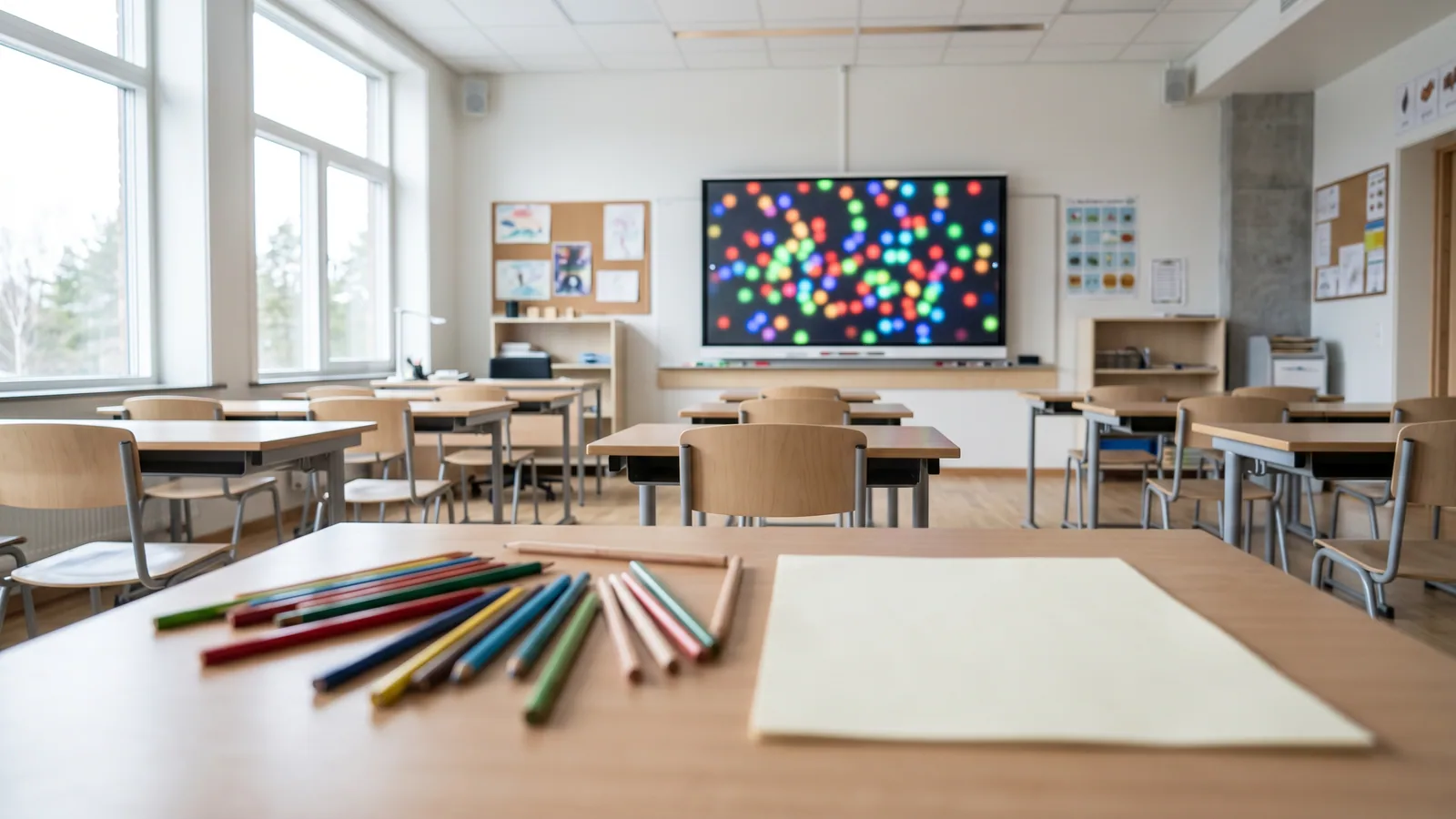 Ett ljust nordiskt klassrum där en Ishihara-liknande färgprickstavla visas på en smartboard, medan elever vid bänkarna följer med i lugnt dagsljus