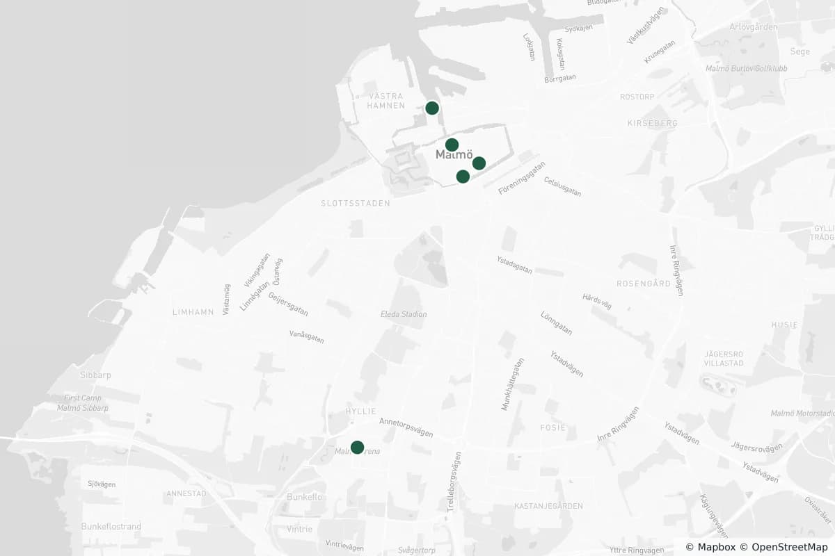 Karta över ögonkliniker i Malmö och resten av landet — tryck på en markör för detaljer