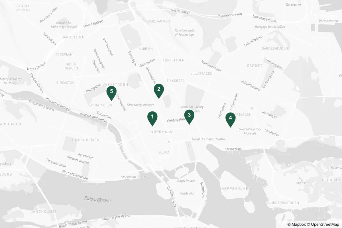 Karta över ögonkliniker i Stockholm — siffrorna motsvarar klinikerna i tabellen nedan