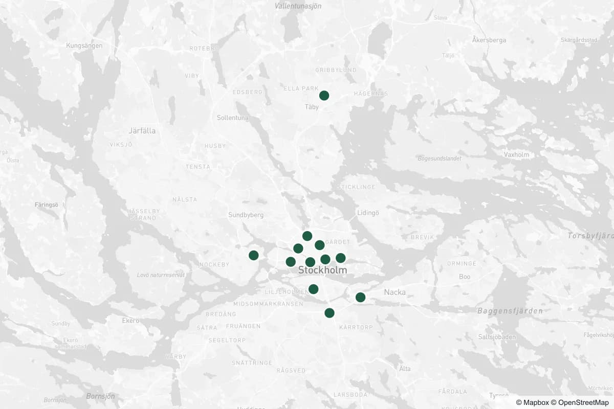 Karta över ögonkliniker i Stockholm och resten av landet — tryck på en markör för detaljer