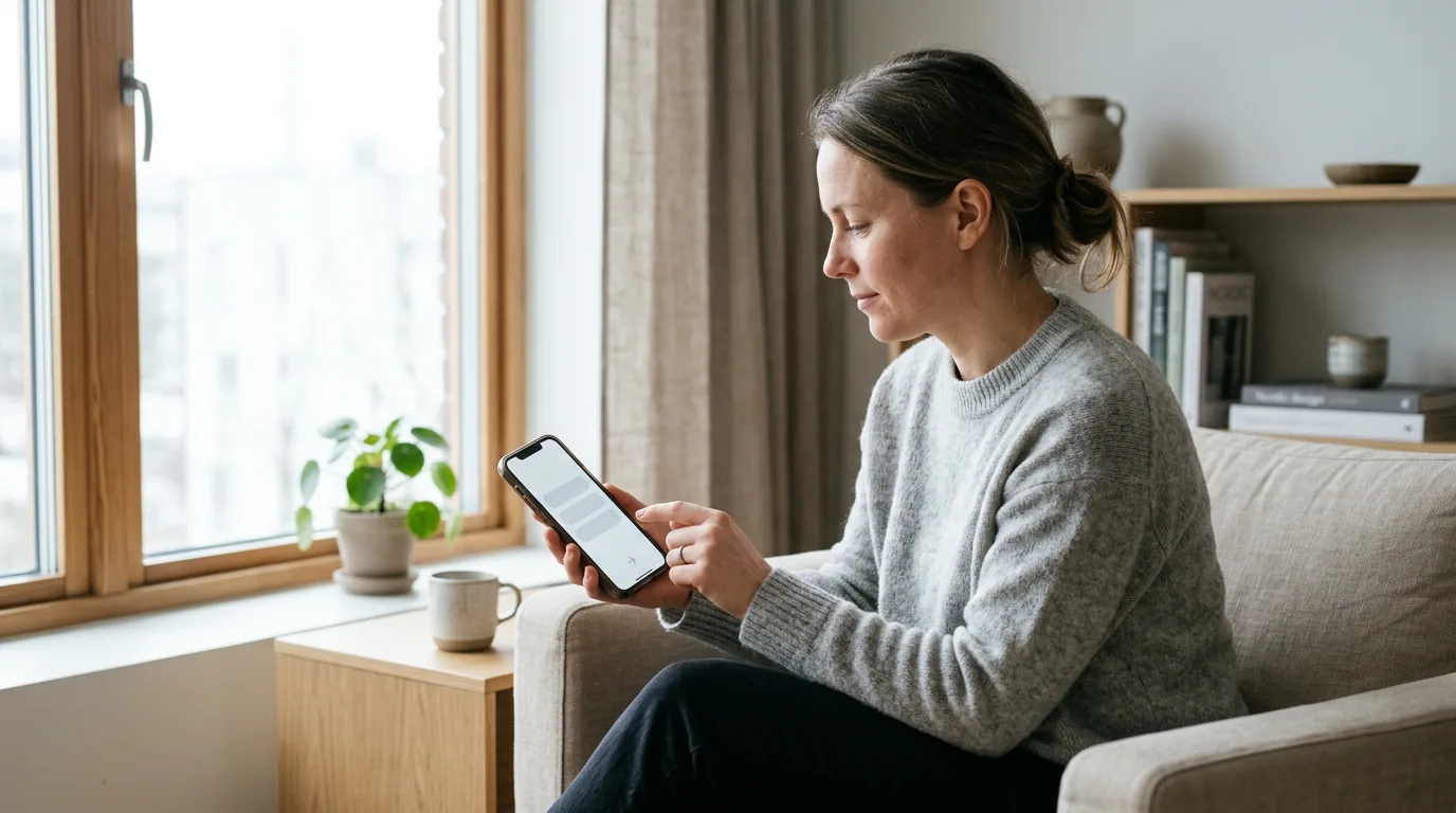 Person vid ett ljust fönster tittar på en mobil med ett enkelt frågeformulär på skärmen.
