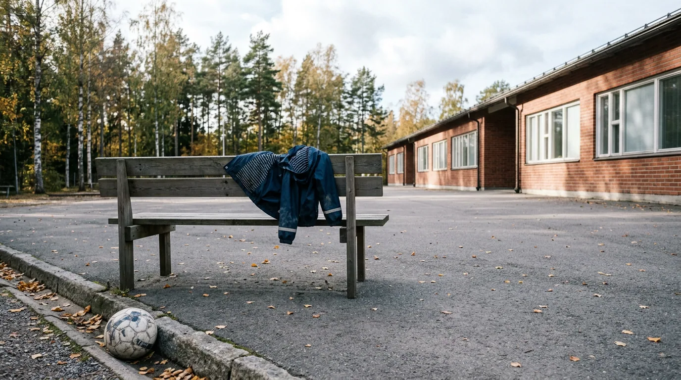 En tom skolgård i förmiddagsljus, med en jacka slängd över en bänk och en boll i bildkanten