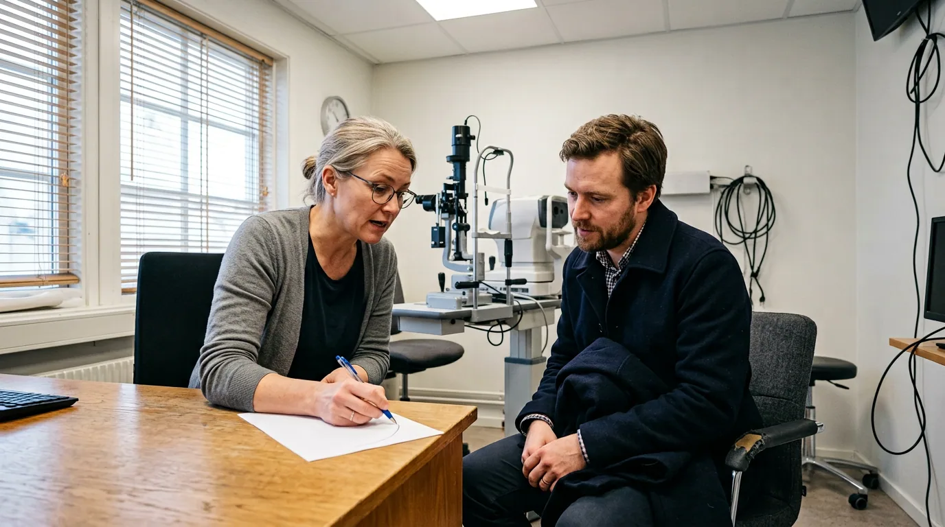 Optiker går igenom resultaten från förundersökningen tillsammans med en patient vid ett skrivbord