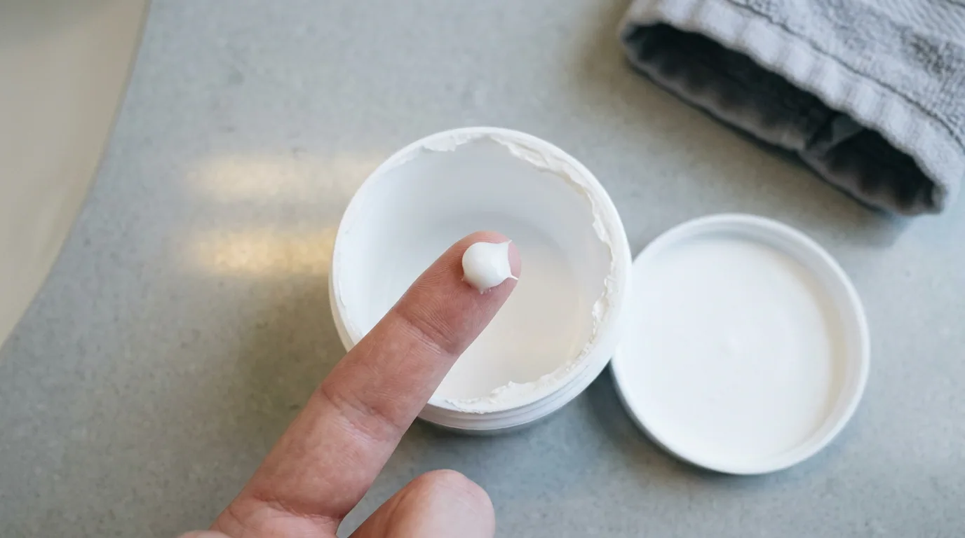En fingertopp med en liten klick oparfymerad mjukgörande kräm över en öppen burk på en ljus badrumsbänk