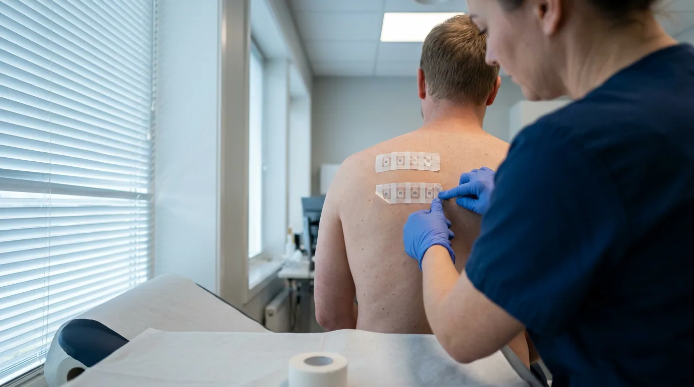 En hudsjuksköterska fäster den sista remsan med lapptestkammare på ryggen på en patient i ett undersökningsrum
