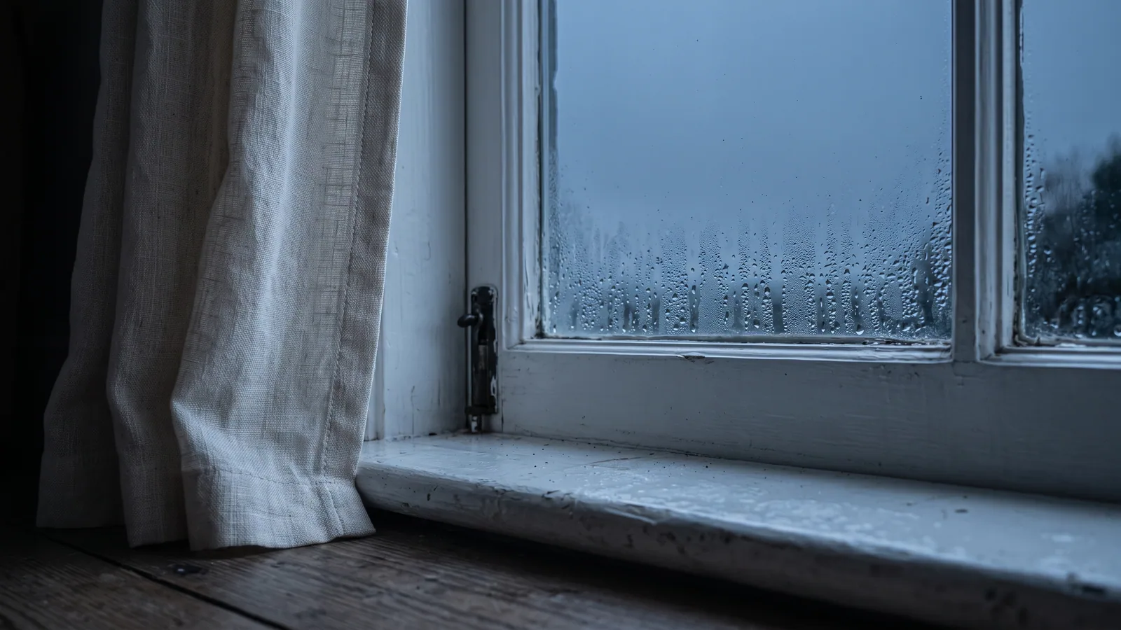 Imma på insidan av en fönsterruta i det blå ljuset före gryningen, med en linnegardin dragen åt sidan