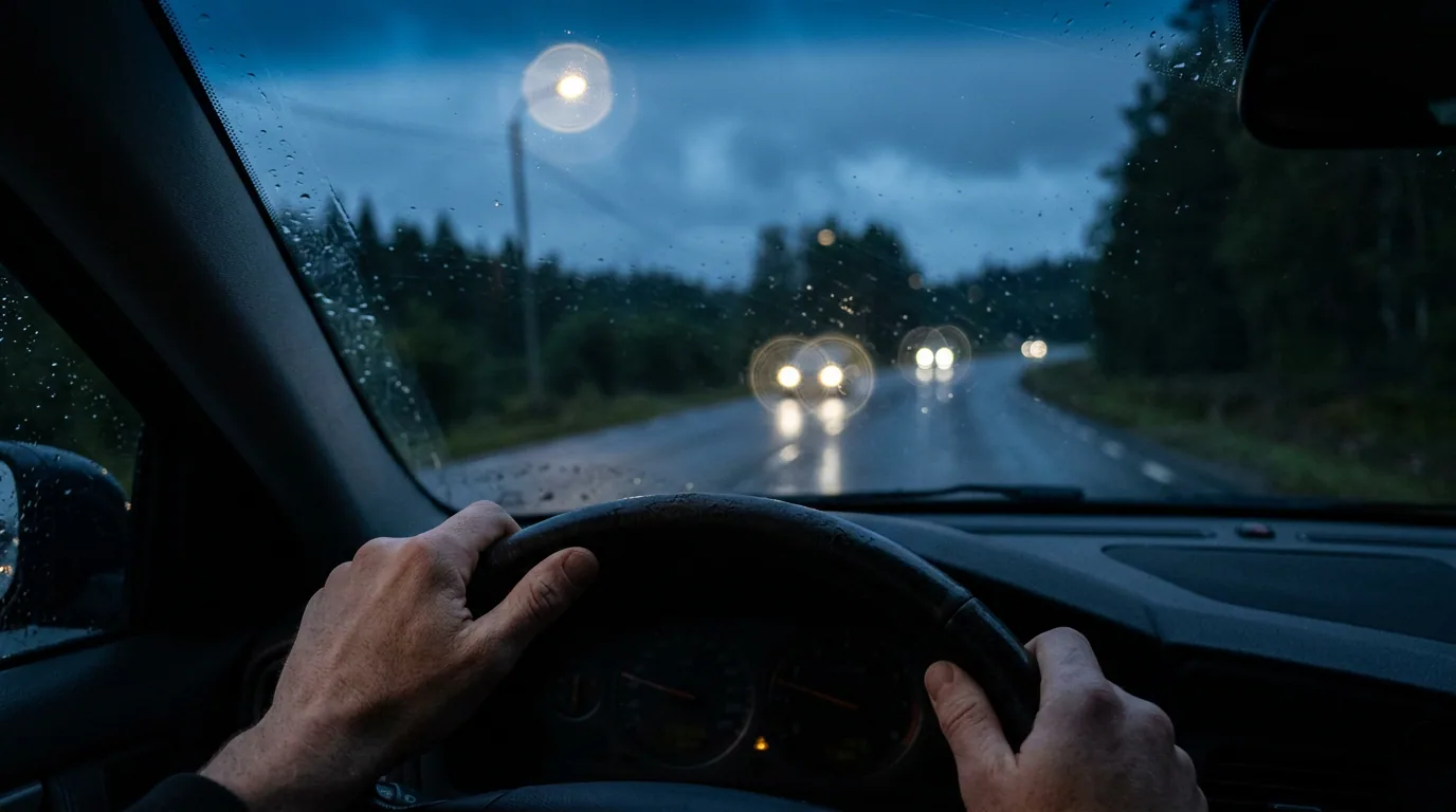 Person som kör bil i skymningen och ser ljusa ringar och bländning kring gatlyktor och strålkastare, som illustration av nattseendebesvär efter ögonlaser