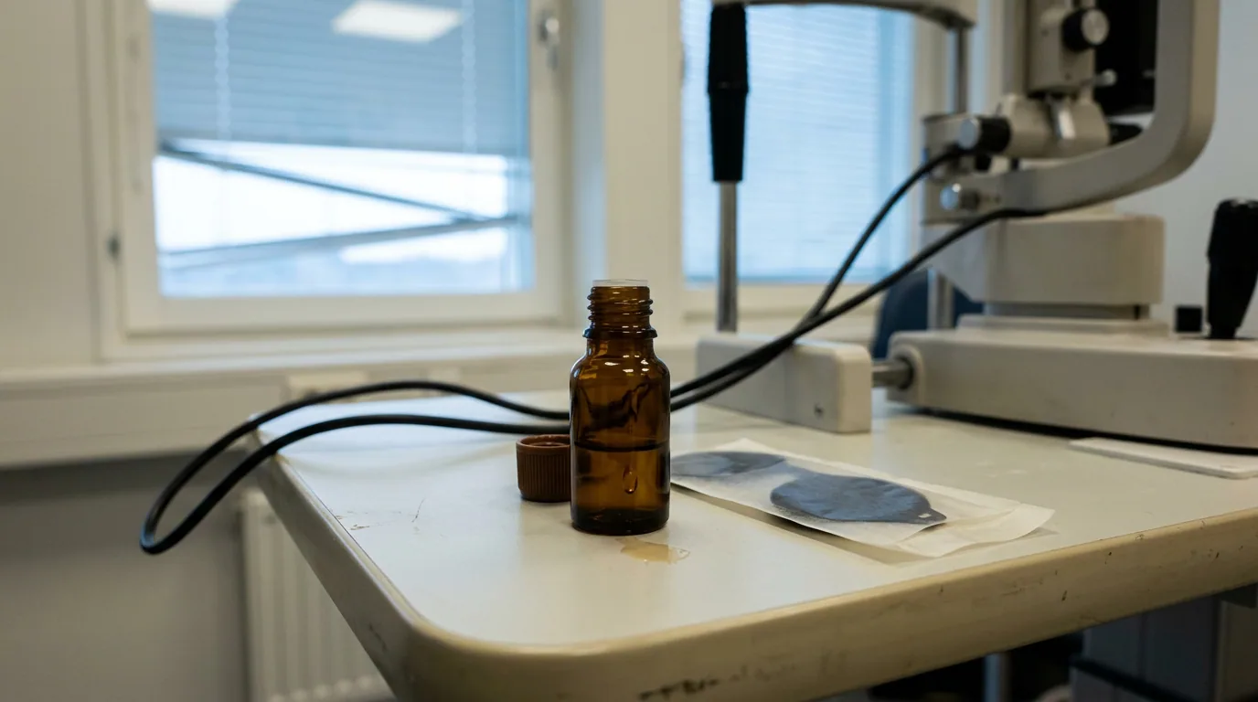 Flaska med pupillvidgande ögondroppar på bänken i ett undersökningsrum, med ögonmikroskopet i bakgrunden