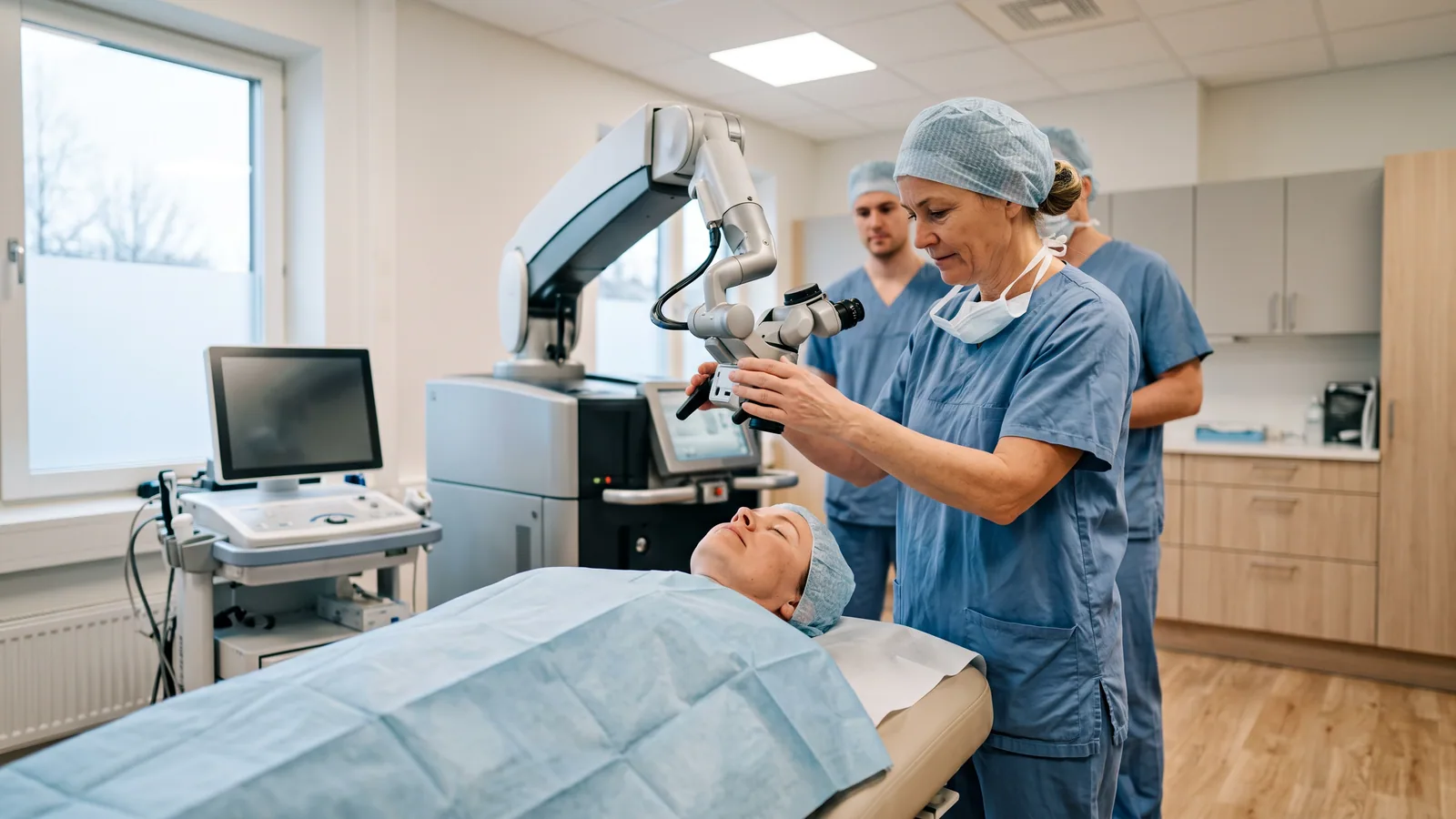 Ögonkirurg riktar in lasern över ögat på en patient på behandlingsbänken