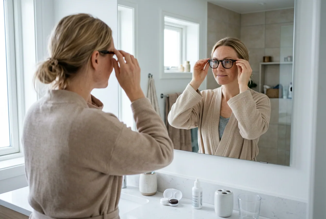 Kvinna sätter på sig glasögon framför badrumsspegeln med ett linsetui på handfatet, redo att byta från kontaktlinser till glasögon inför ögonlaser