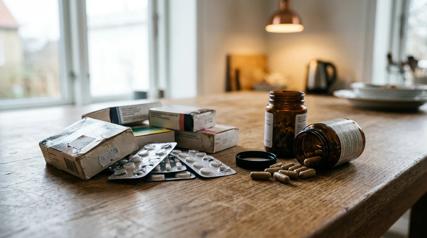 Medicinkartonger och blisterkartor ligger i en hög bredvid två burkar med kosttillskott på ett köksbord, den ena burken omkullvält med kapslar utspridda
