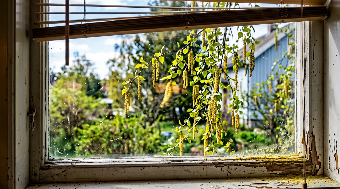 Björkhängen tätt utanför ett gammalt köksfönster en aprilmorgon, med ett lager gult pollen längs fönsterbrädan