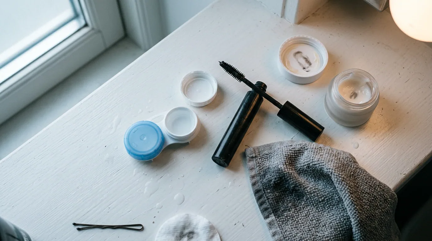 En badrumshylla ovanifrån med ett öppet linsetui, en använd mascara, en burk ögonkräm och en fuktig tygbit