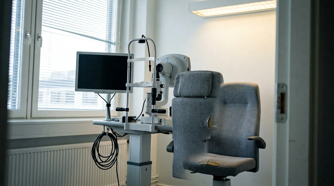 Ett tomt undersökningsrum på en ögonklinik med ett mätinstrument på bordet bredvid patientstolen, persienner för fönstret och en släckt skärm