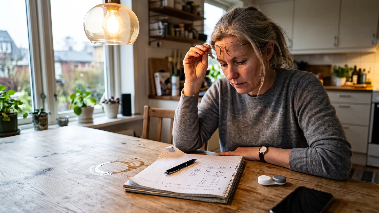 En kvinna vid ett köksbord skjuter upp glasögonen i pannan medan hon räknar i ett rutat block, med ett linsetui bredvid sig