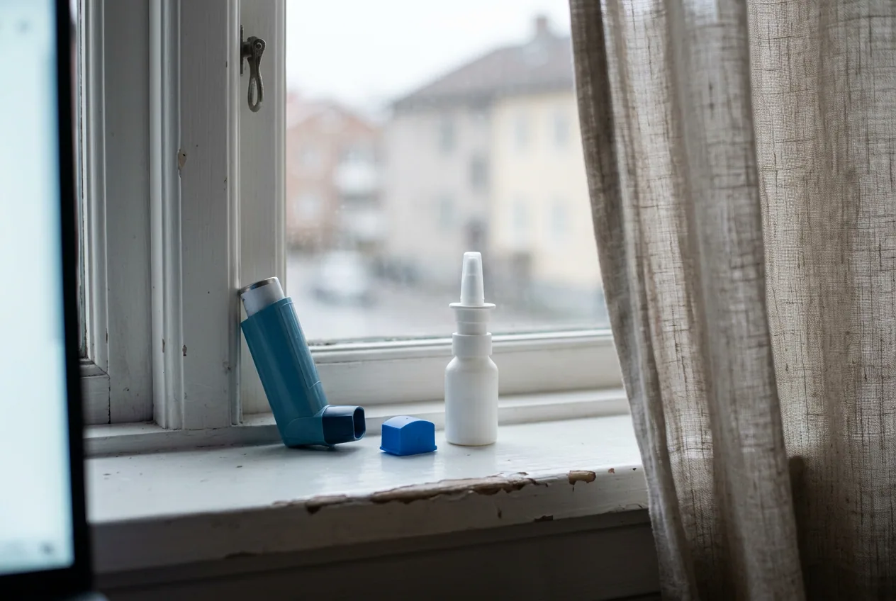 En astmainhalator och en nässpray står bredvid varandra på en vitmålad fönsterbräda i dagsljus.