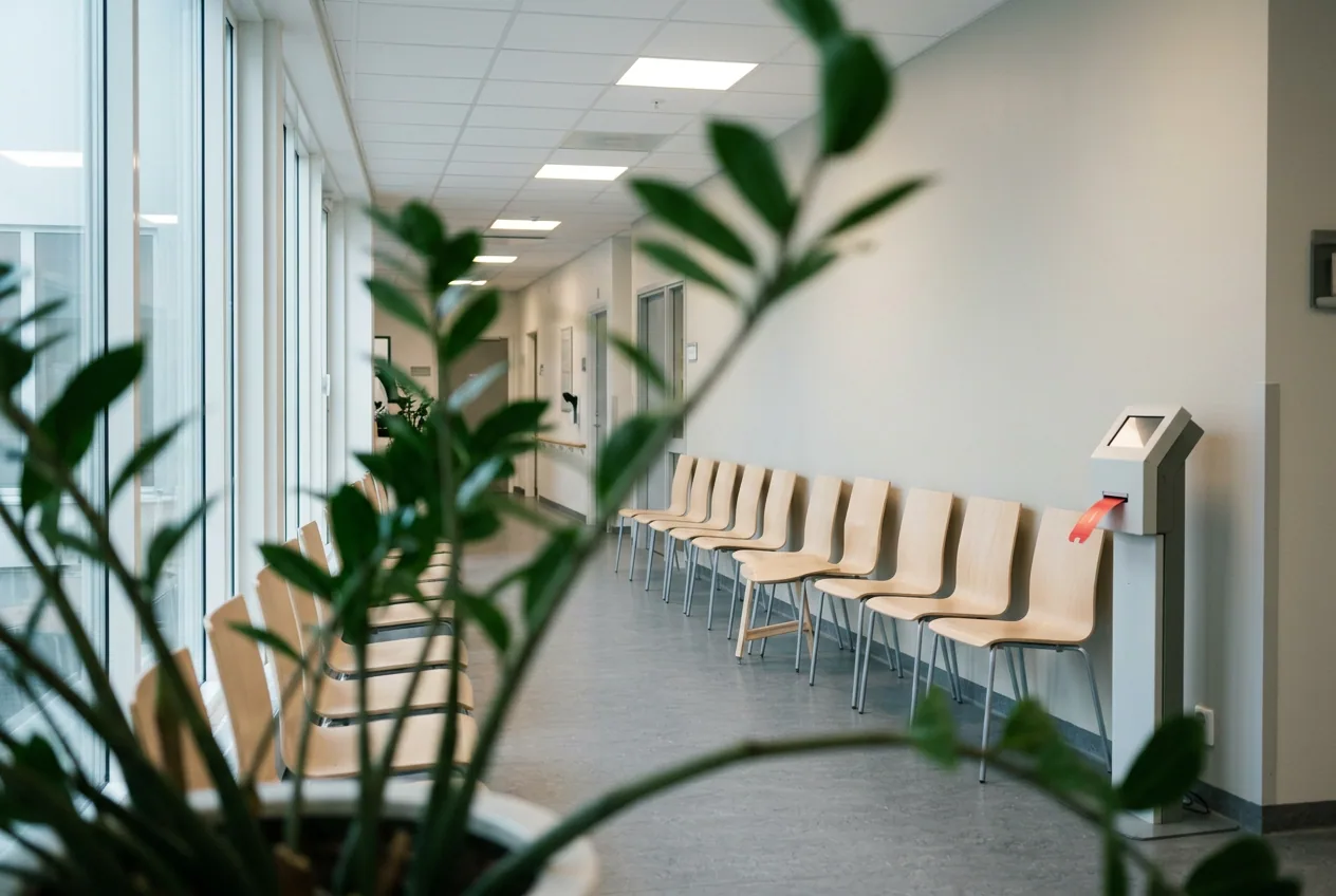 Tomma stolar på rad i ett ljust väntrum på sjukhus med kölappsautomat