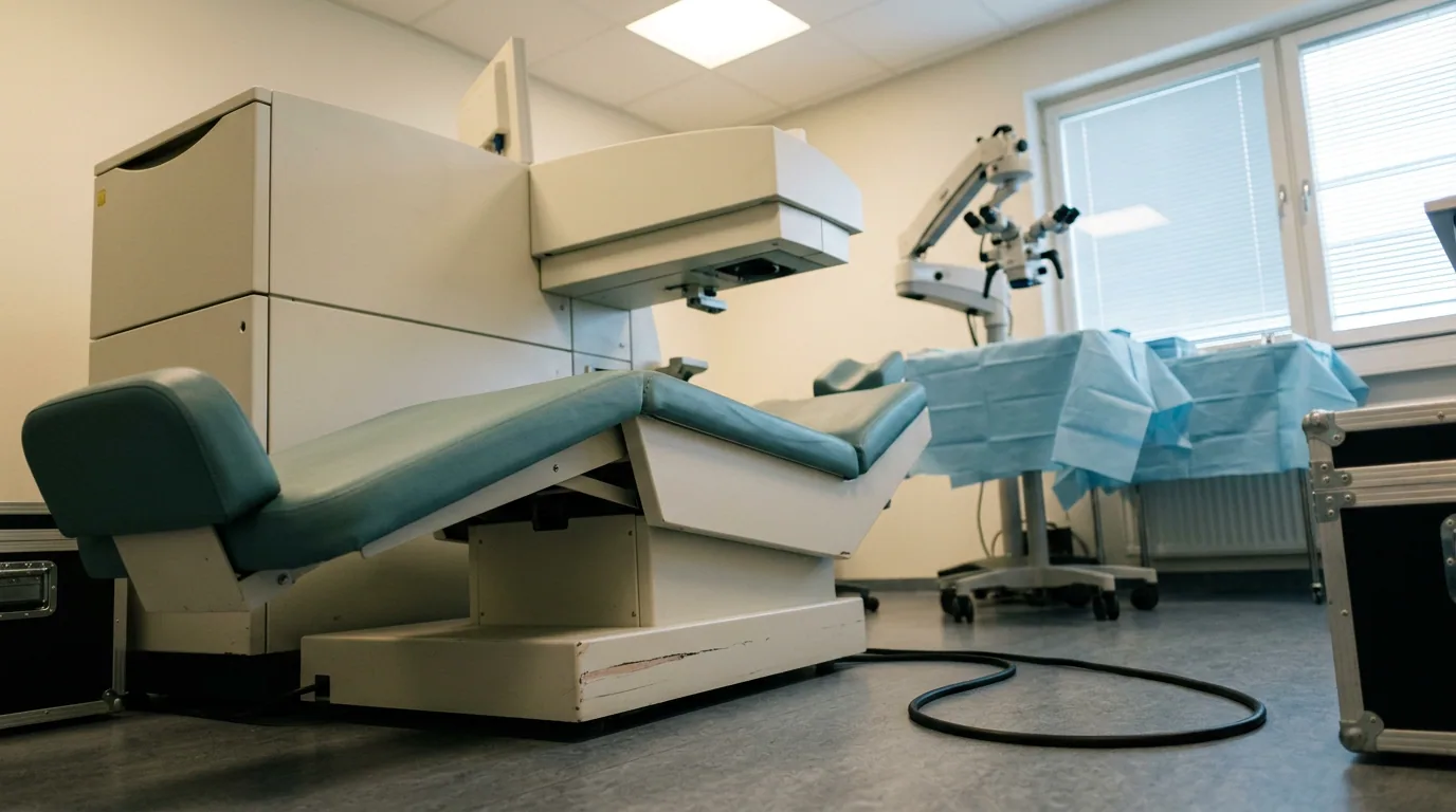 Ett tomt behandlingsrum sett lågt från golvet, med en excimerlaser och den bakåtlutade patientbritsen i förgrunden och ett operationsmikroskop vid ett dukat bord längre bak