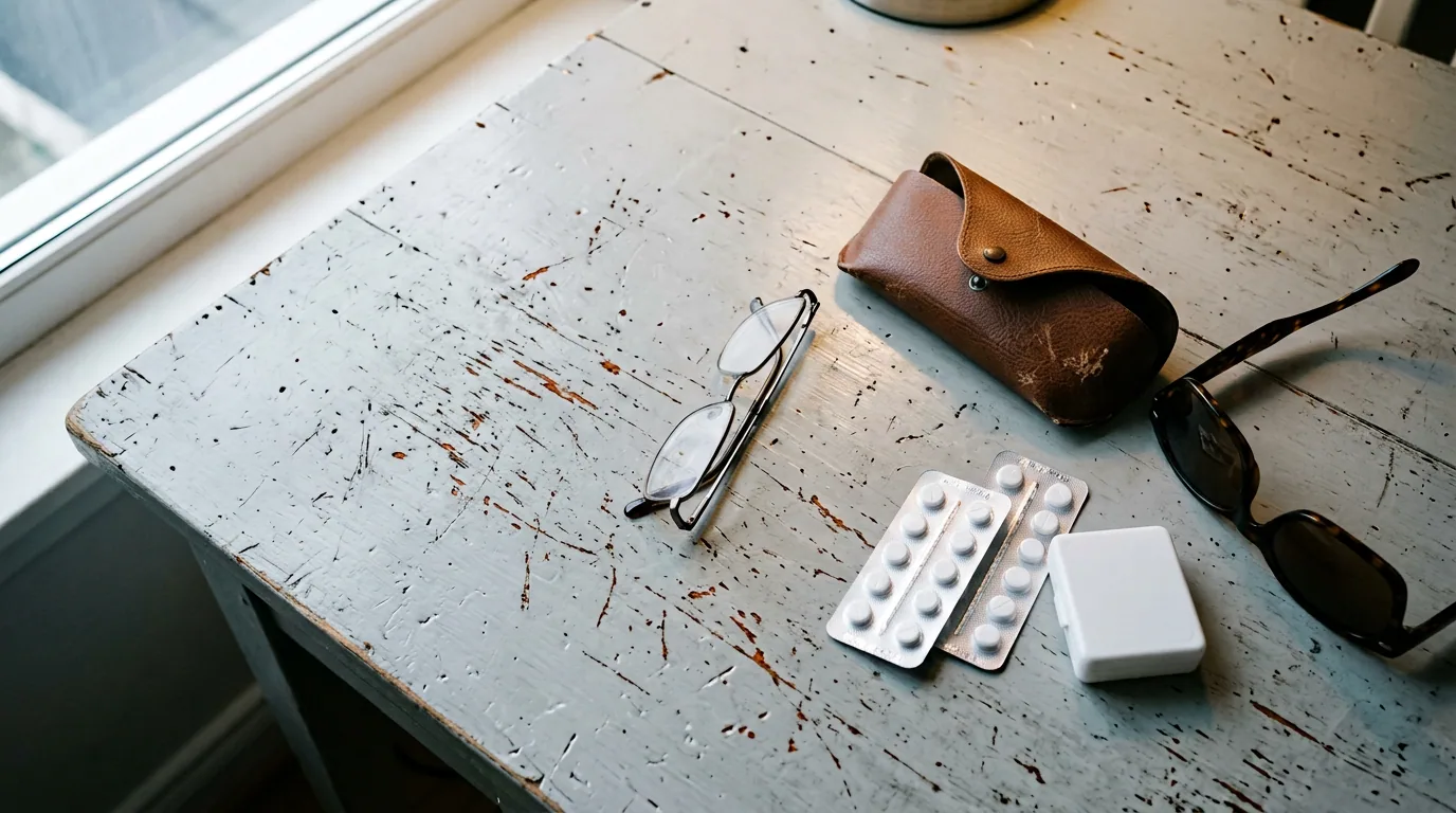 Hopfällbara läsglasögon, ett brunt skinnfodral, solglasögon och två tablettkartor på ett ljusgrått köksbord vid ett fönster