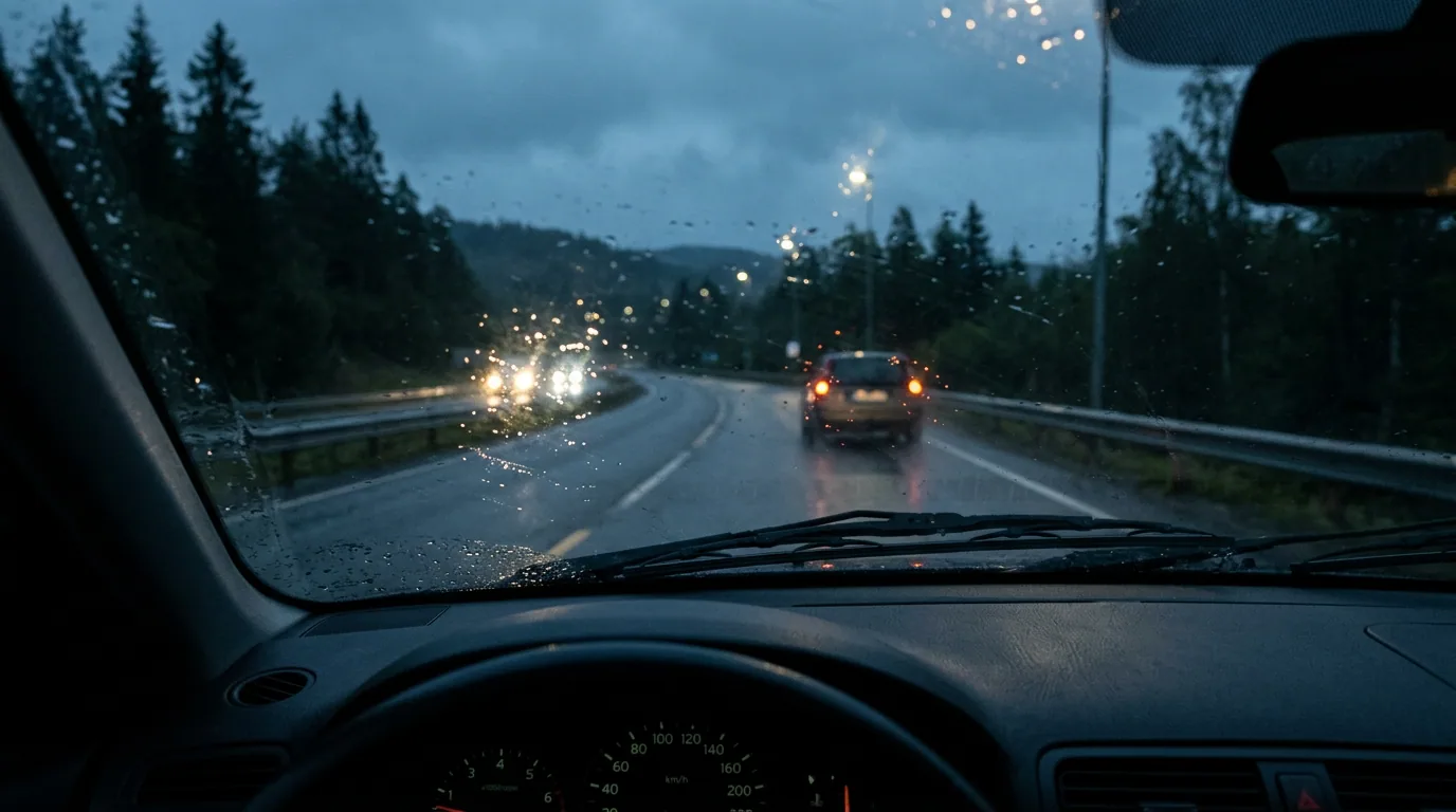 Utsikt genom en vindruta i skymningen på en blöt väg, där mötande strålkastare blir till mjuka ringar i glaset