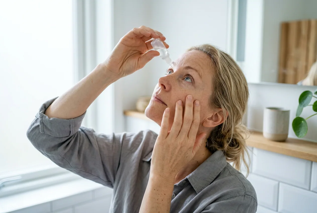 Kvinna hemma som droppar ögondroppar i ögat under läkningen efter ögonlaser