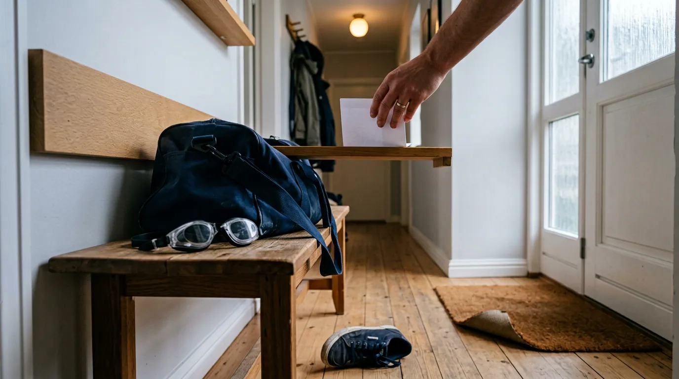 Träningsväska och simglasögon på en bänk i hallen, bredvid en kallelse från kliniken