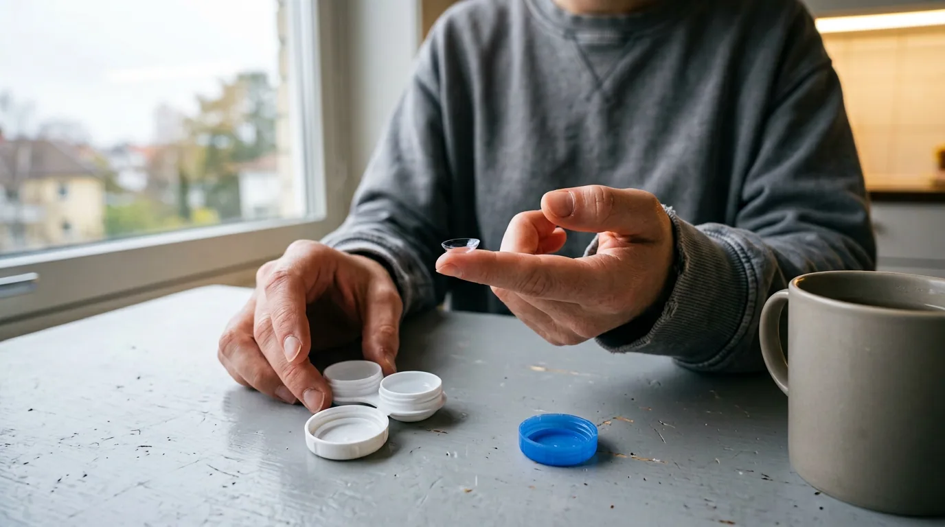 Två händer över ett köksbord vid fönstret, den ena med en mjuk kontaktlins på fingertoppen, den andra med det öppna linsetuiet