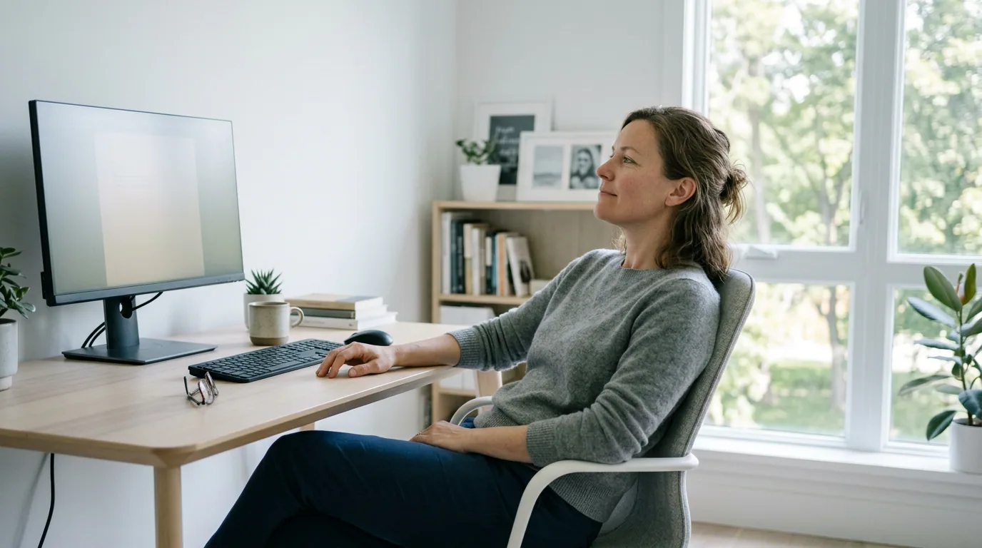 En person vid ett ljust skrivbord tittar bort från skärmen mot fönstret för att vila ögonen