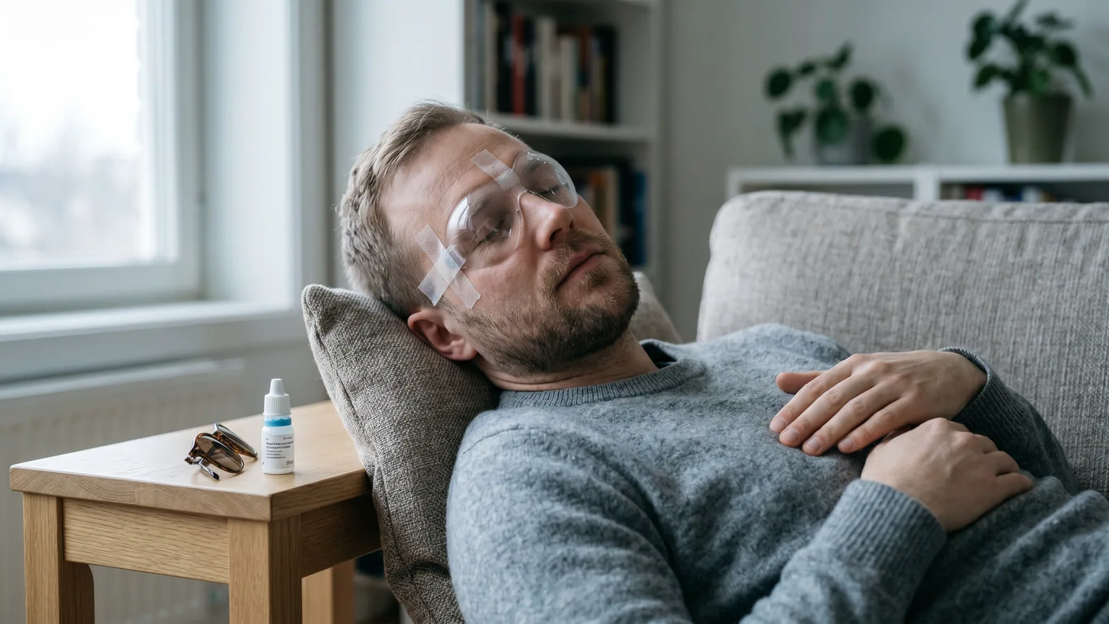 Man vilar hemma i soffan med ett genomskinligt ögonskydd efter ögonlaser, med solglasögon och ögondroppar på sidobordet