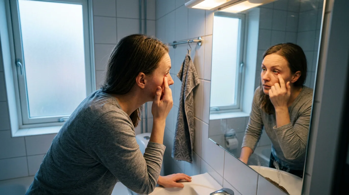 En kvinna lutar sig mot badrumsspegeln på morgonen och drar ner det nedre ögonlocket med ett fingertopp för att titta på en öm punkt vid fransraden