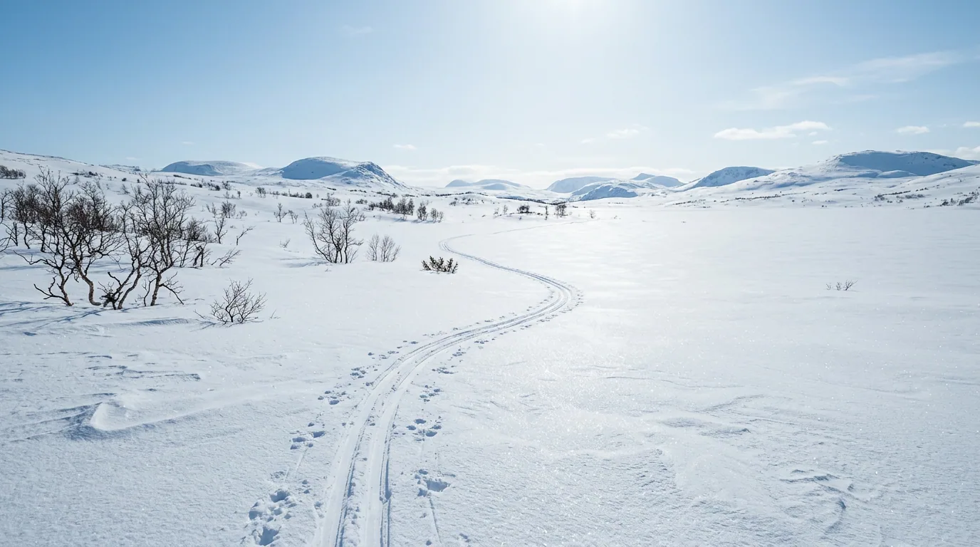 Snötäckt fjällvidd i starkt vårsolljus, med skidspår som svänger bort mot låga fjälltoppar